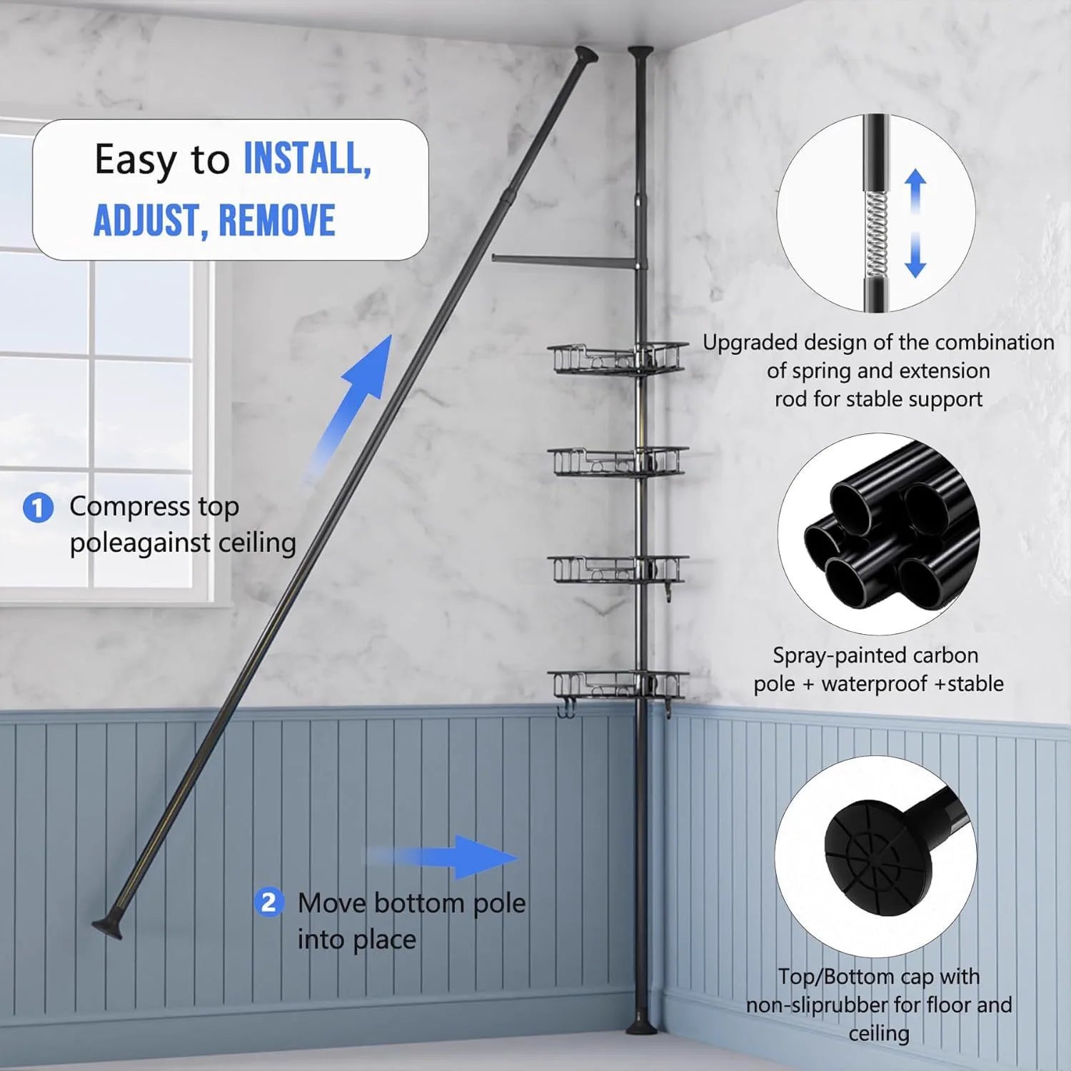 Adjustable Tension Pole Shower Caddy for Corner Storage - image 03