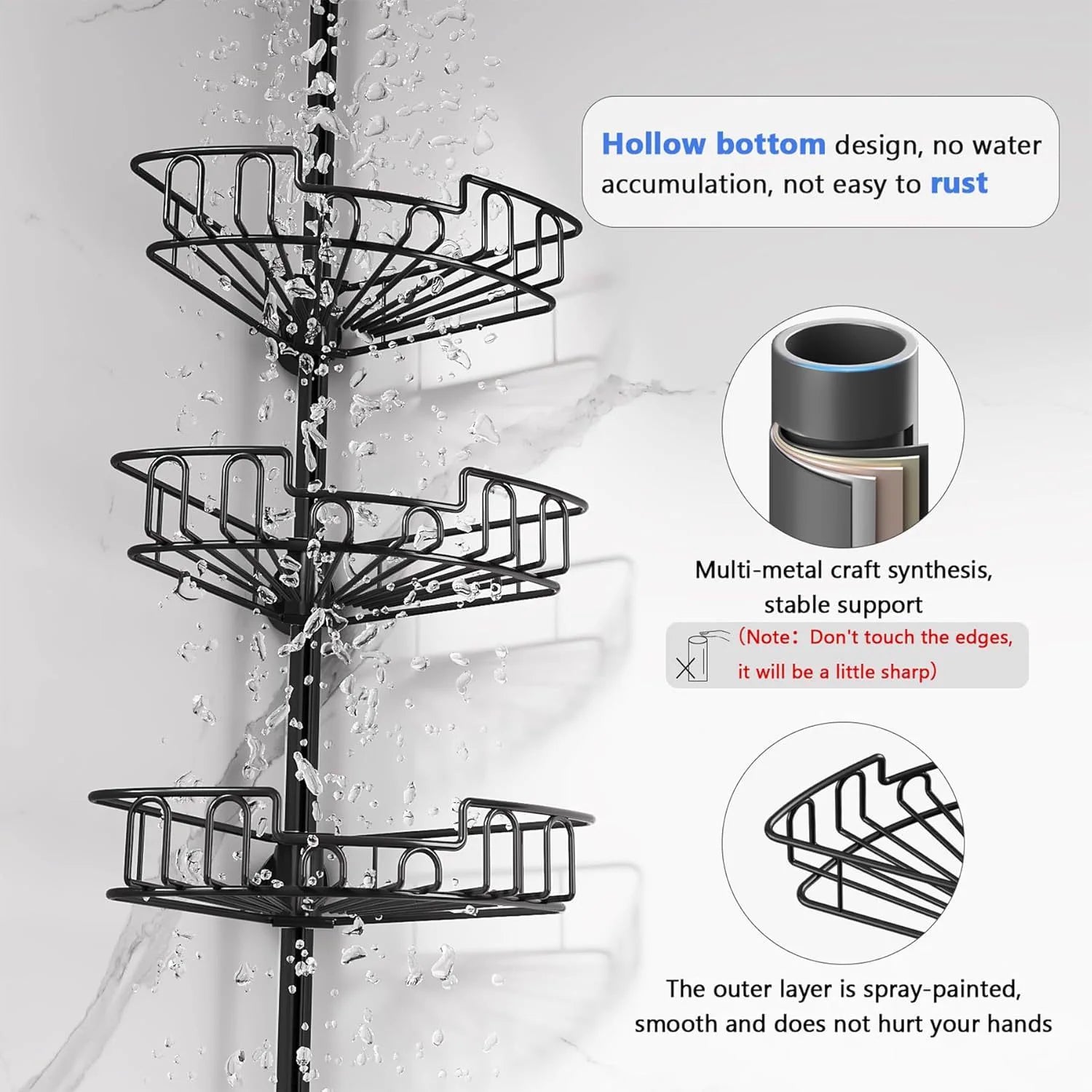 Adjustable Tension Pole Shower Caddy for Corner Storage - image 05