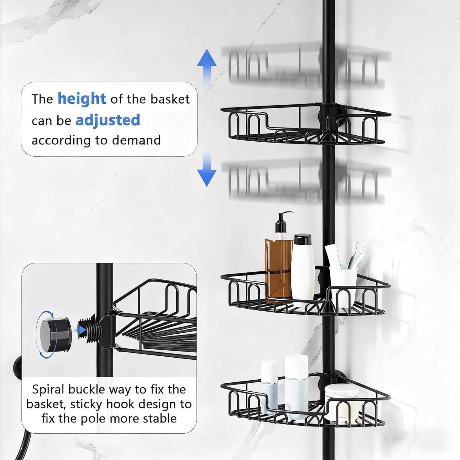 Adjustable Tension Pole Shower Caddy for Corner Storage - image 06
