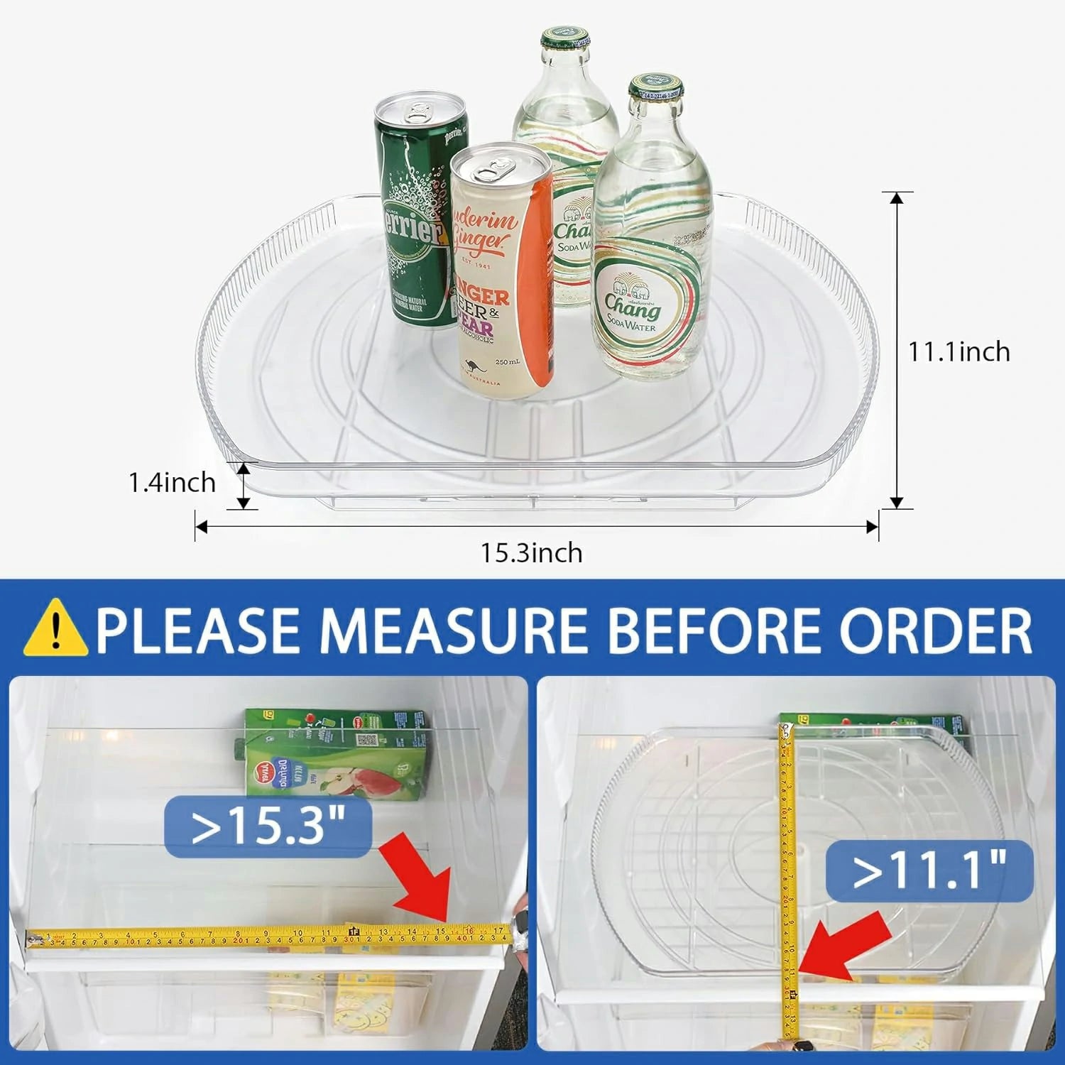 Clear 360° Rectangular Lazy Susan – Fridge Organizer & Rotating Storage (15.3" × 11.1")