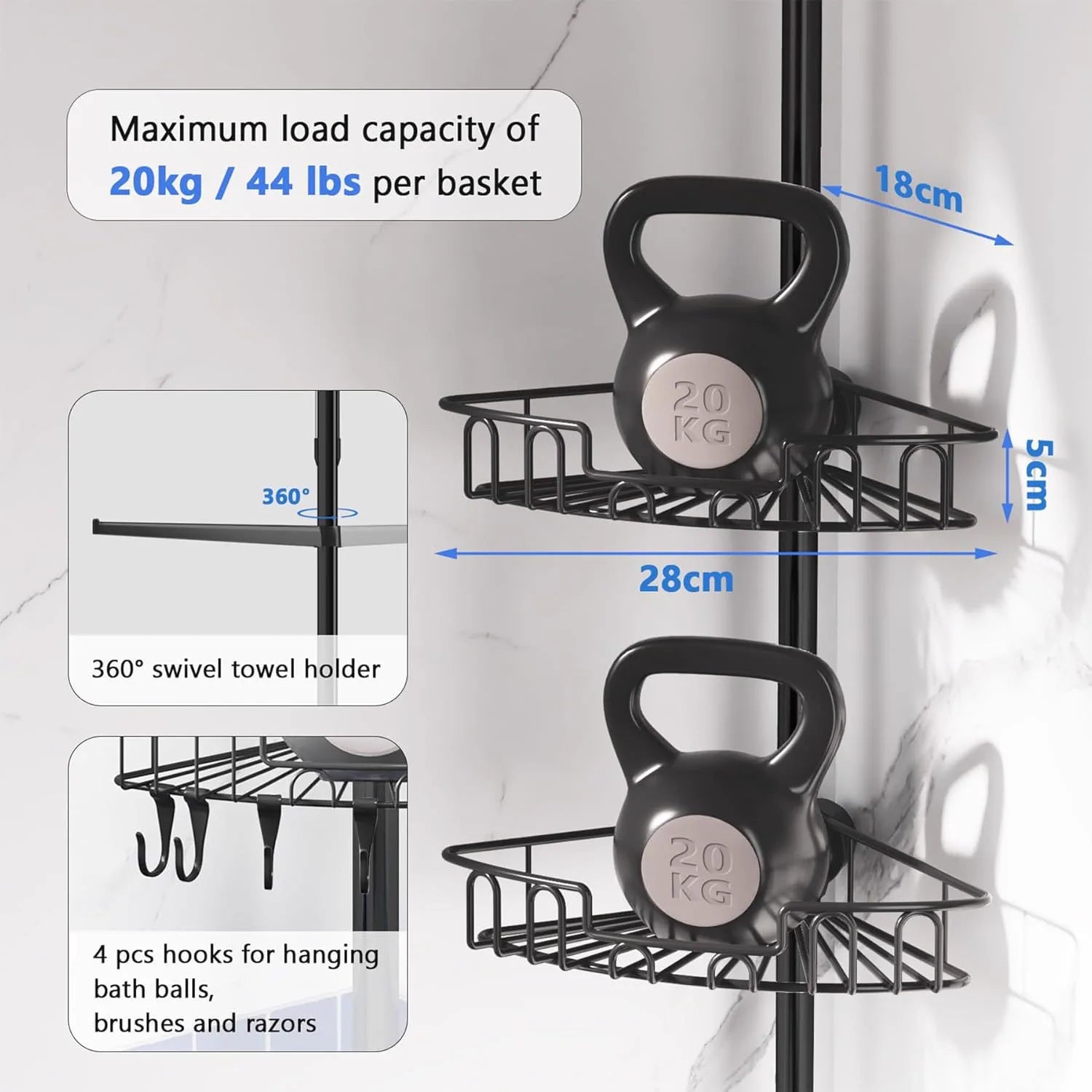 Adjustable Tension Pole Shower Caddy for Corner Storage - image 07