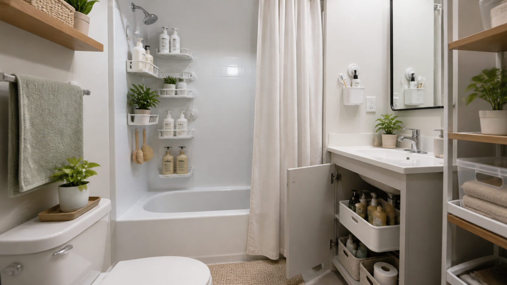 Tiny Bathroom, Zero Storage collection banner for renter-friendly small apartments