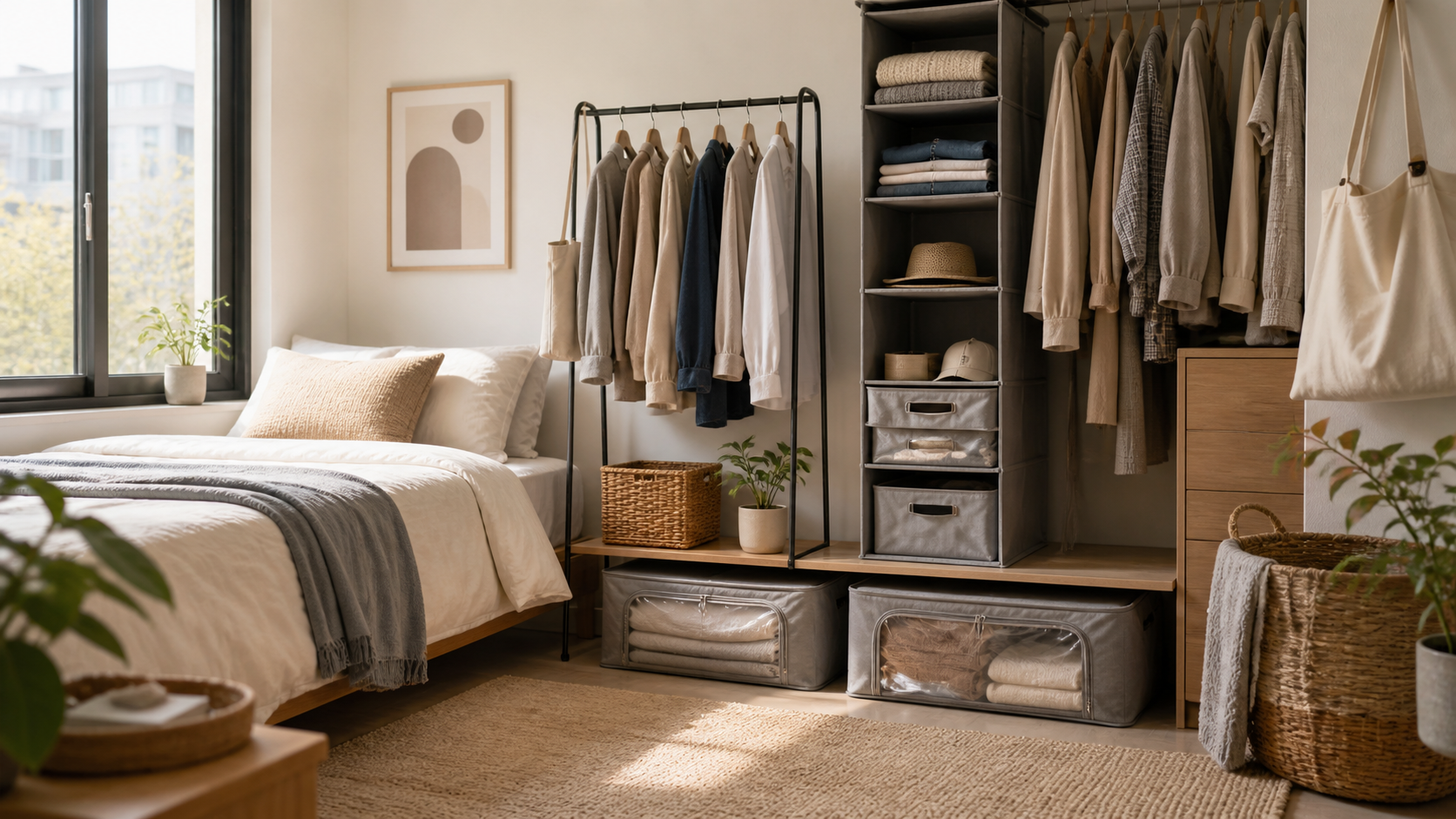 Closet & Bedroom Space Savers collection banner for renter-friendly small apartments