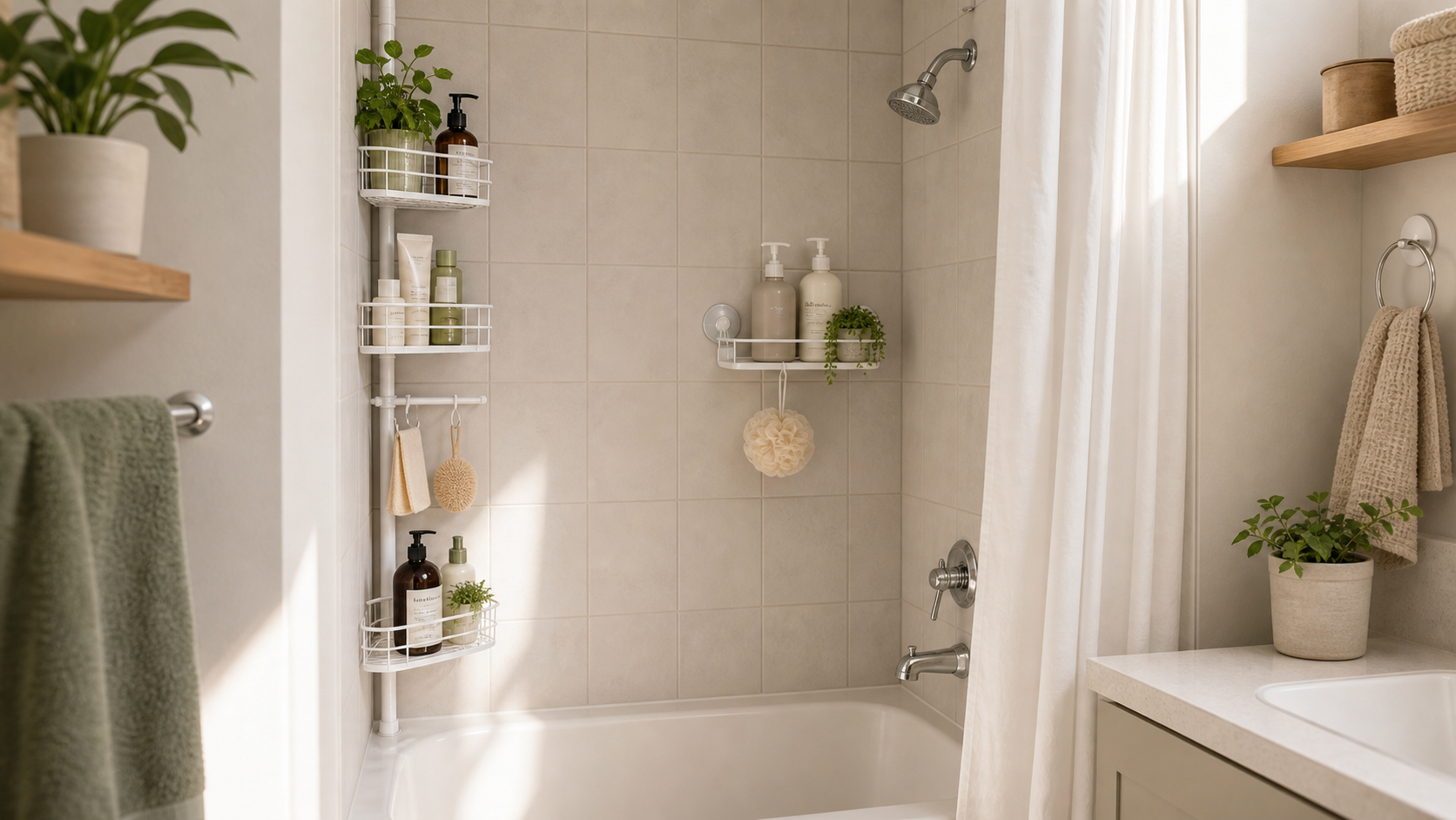 No-Drill Shower Storage collection banner for renter-friendly small apartments