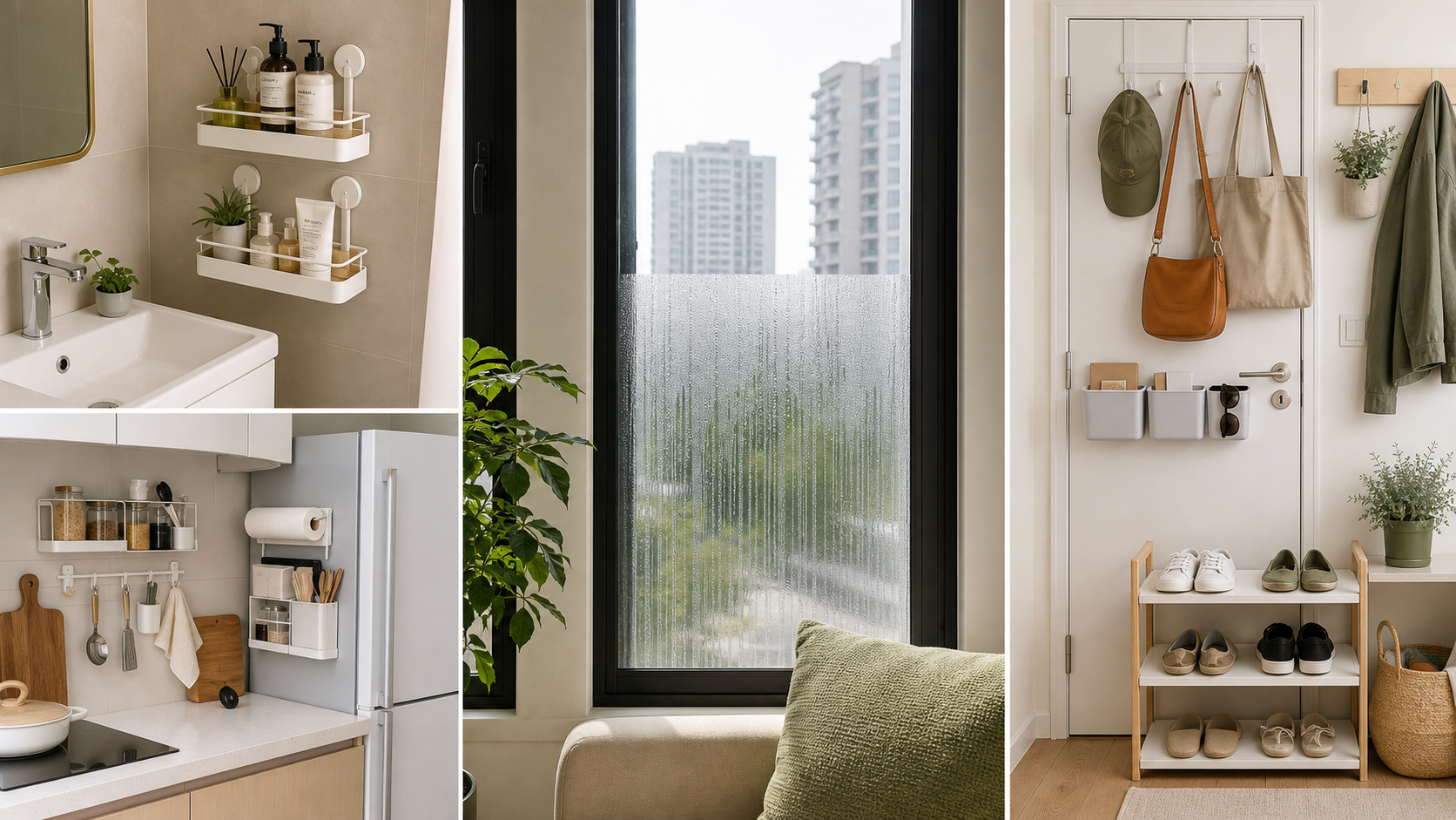Renter-friendly small apartment upgrades for bathroom storage, kitchen organization, window privacy, and entryway clutter
